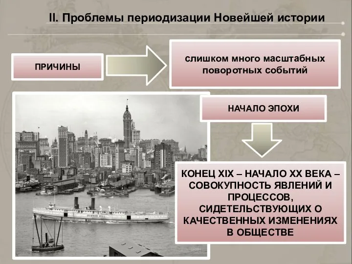 II. Проблемы периодизации Новейшей истории ПРИЧИНЫ слишком много масштабных поворотных событий НАЧАЛО