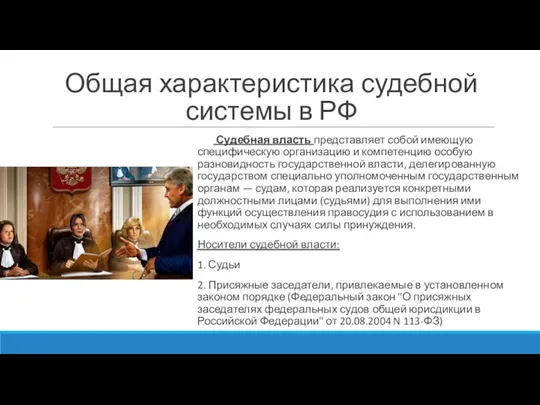 Общая характеристика судебной системы в РФ Судебная власть представляет собой имеющую специфическую