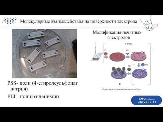 Молекулярные взаимодействия на поверхности электрода PSS- поли (4-стиролсульфонат натрия) PEI - полиэтиленимин Модификация печатных электродов