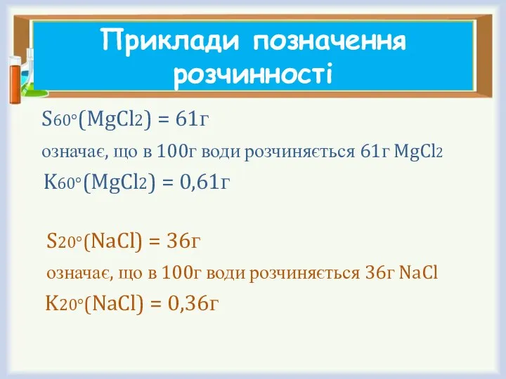 Приклади позначення розчинності S60°(MgCl2) = 61г означає, що в 100г води розчиняється