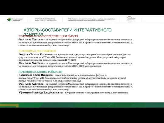 АВТОРЫ-СОСТАВИТЕЛИ ИНТЕРАКТИВНОГО ЗАНЯТИЯ: ПОТЕНЦИАЛ САМООПРЕДЕЛЕНИЯ И ВЫБОРА Фам Анна Хунговна - ст.