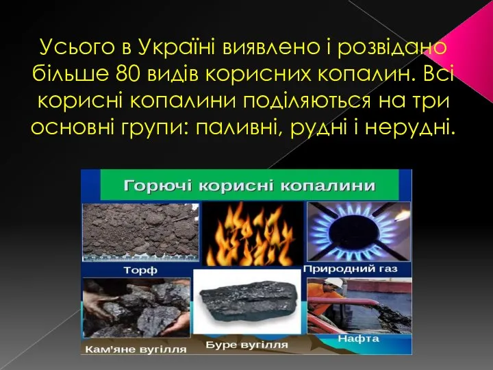 Усього в Україні виявлено і розвідано більше 80 видів корисних копалин. Всі