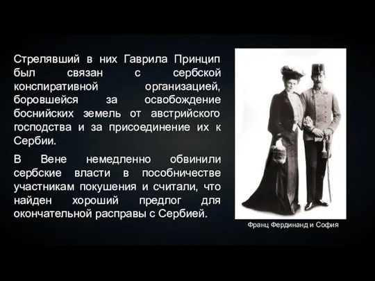 Стрелявший в них Гаврила Принцип был связан с сербской конспиративной организацией, боровшейся