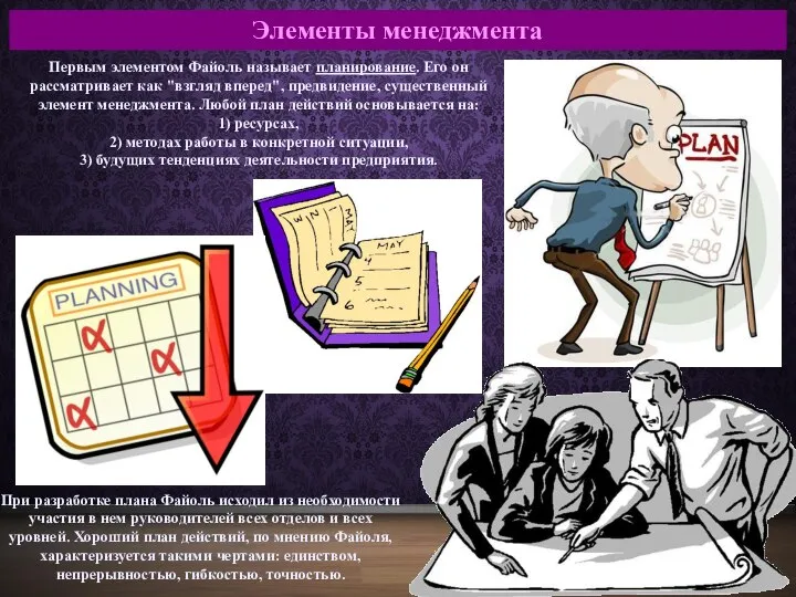 Элементы менеджмента Первым элементом Файоль называет планирование. Его он рассматривает как "взгляд