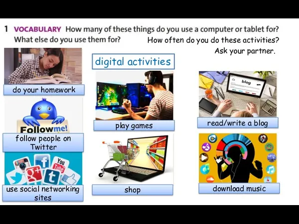 digital activities How often do you do these activities? Ask your partner.