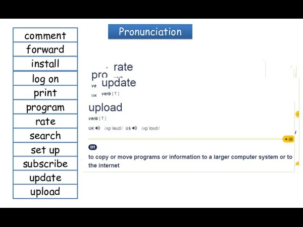 Pronunciation comment forward install log on print program rate search set up subscribe update upload