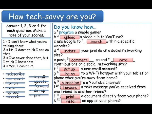 How tech-savvy are you? Answer 1, 2, 3 or 4 for each