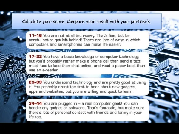 Calculate your score. Compare your result with your partner’s.