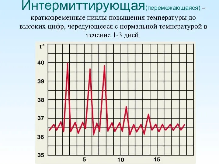 Интермиттирующая(перемежающаяся) – кратковременные циклы повышения температуры до высоких цифр, чередующееся с нормальной