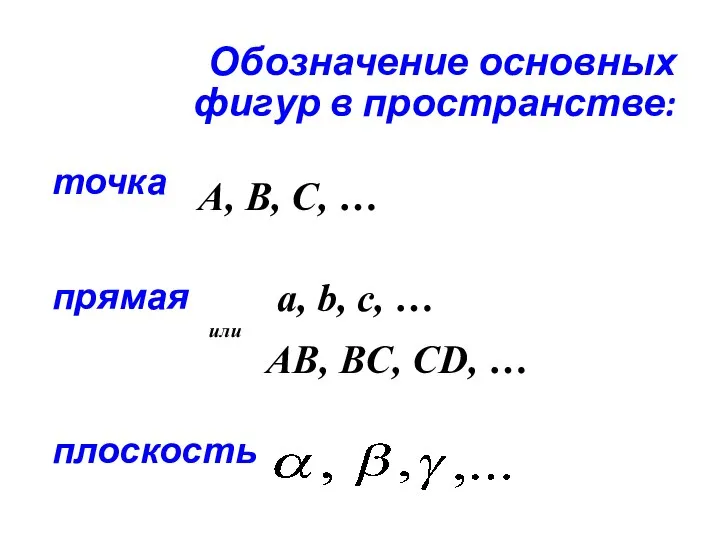 Обозначение основных фигур в пространстве: точка прямая плоскость A, B, C, …