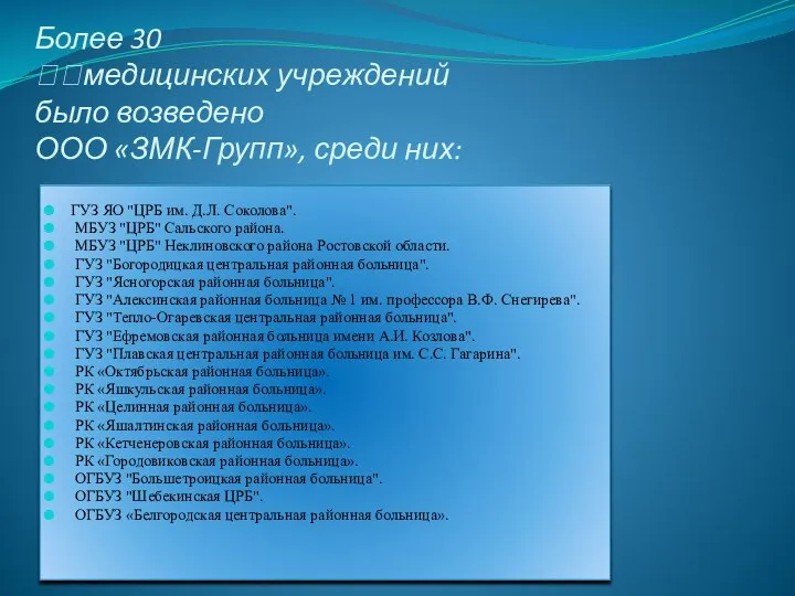 Более 30 медицинских учреждений было возведено ООО «ЗМК-Групп», среди них: ГУЗ ЯО