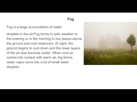 Fog Fog is a large accumulation of water droplets in the air.Fog