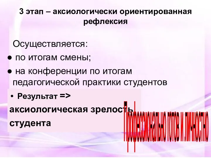 3 этап – аксиологически ориентированная рефлексия Осуществляется: по итогам смены; на конференции