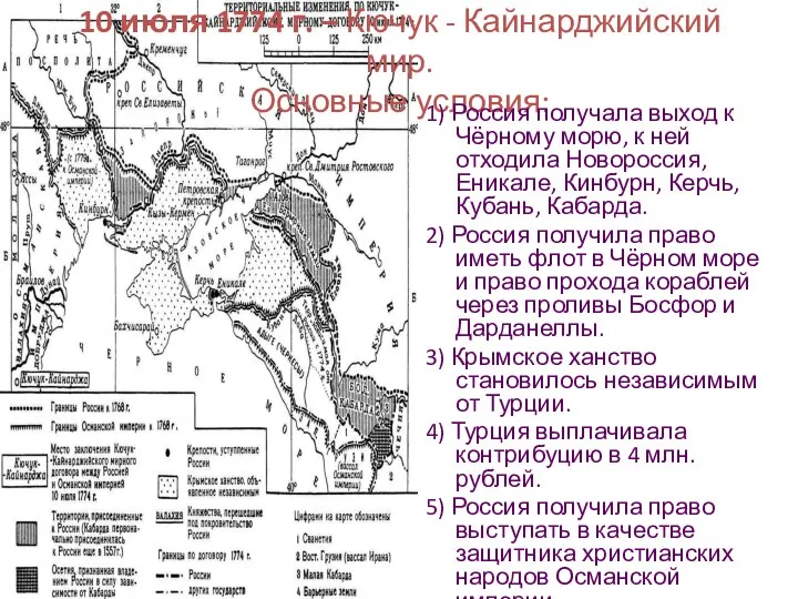 10 июля 1774 г. – Кючук - Кайнарджийский мир. Основные условия: 1)