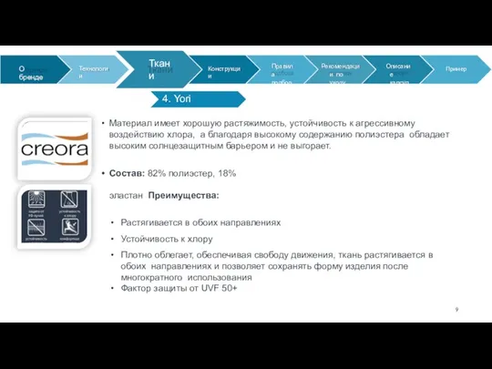 4. Yori Ткани Материал имеет хорошую растяжимость, устойчивость к агрессивному воздействию хлора,