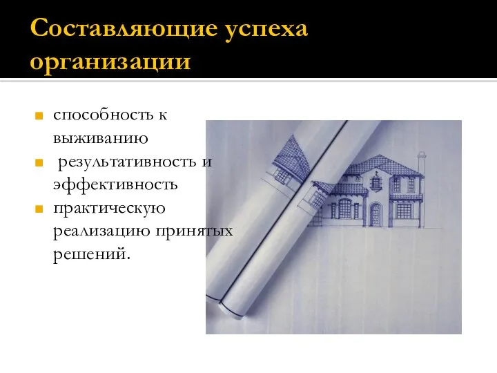 Составляющие успеха организации способность к выживанию результативность и эффективность практическую реализацию принятых решений.