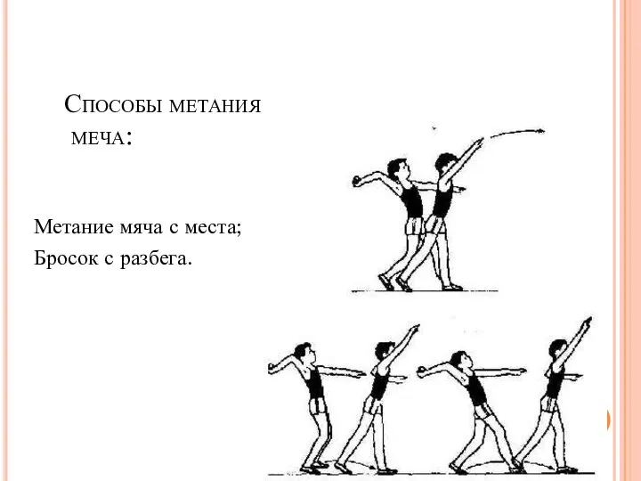 Способы метания меча: Метание мяча с места; Бросок с разбега.