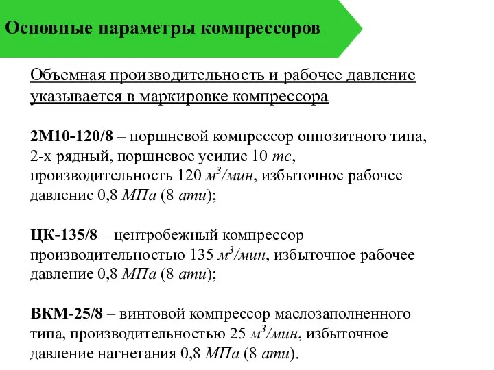 Основные параметры компрессоров Объемная производительность и рабочее давление указывается в маркировке компрессора