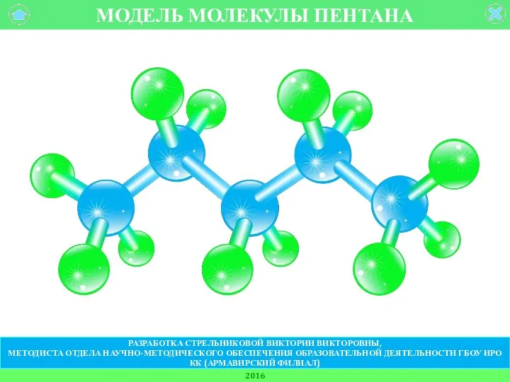МОДЕЛЬ МОЛЕКУЛЫ ПЕНТАНА 2016 РАЗРАБОТКА СТРЕЛЬНИКОВОЙ ВИКТОРИИ ВИКТОРОВНЫ, МЕТОДИСТА ОТДЕЛА НАУЧНО-МЕТОДИЧЕСКОГО ОБЕСПЕЧЕНИЯ