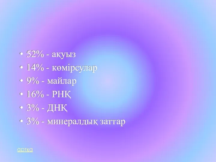 52% - ақуыз 14% - көмірсулар 9% - майлар 16% - РНҚ