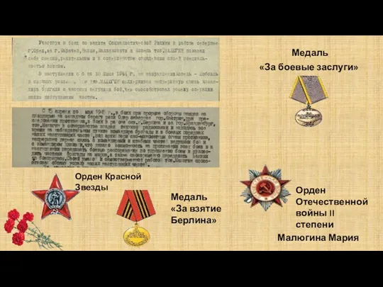 Медаль «За боевые заслуги» Малюгина Мария Орден Красной Звезды Медаль «За взятие