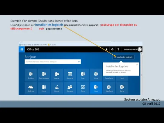 Exemple d’un compte TAALIM sans licence office 2016 Quand je clique sur