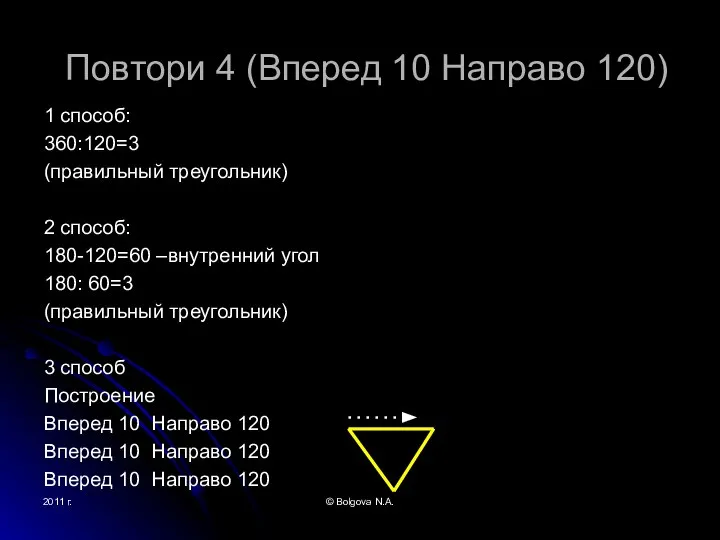 2011 г. © Bolgova N.A. Повтори 4 (Вперед 10 Направо 120) 1