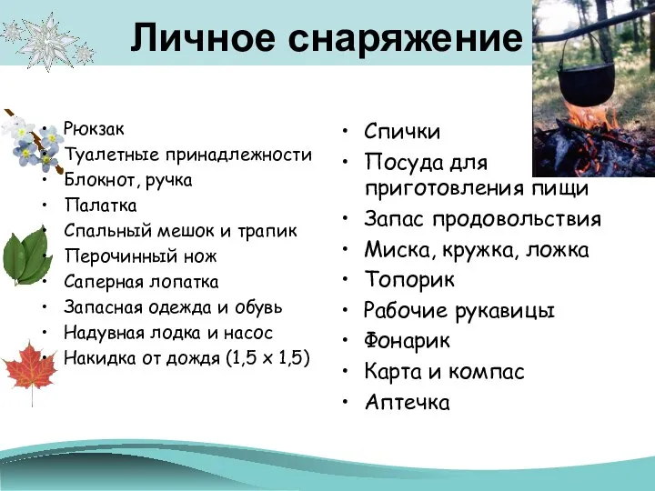 Личное снаряжение Рюкзак Туалетные принадлежности Блокнот, ручка Палатка Спальный мешок и трапик