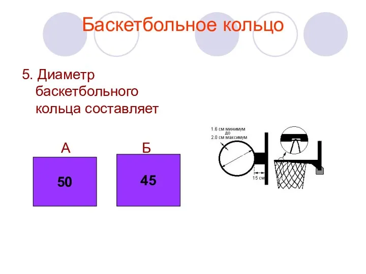 Баскетбольное кольцо 5. Диаметр баскетбольного кольца составляет А Б 50 45 50 45