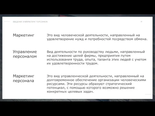 Маркетинг Это вид человеческой деятельности, направленный на удовлетворение нужд и потребностей посредством