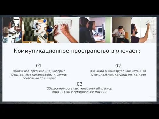 Коммуникационное пространство включает: Работников организации, которые представляют организацию и служат носителями ее