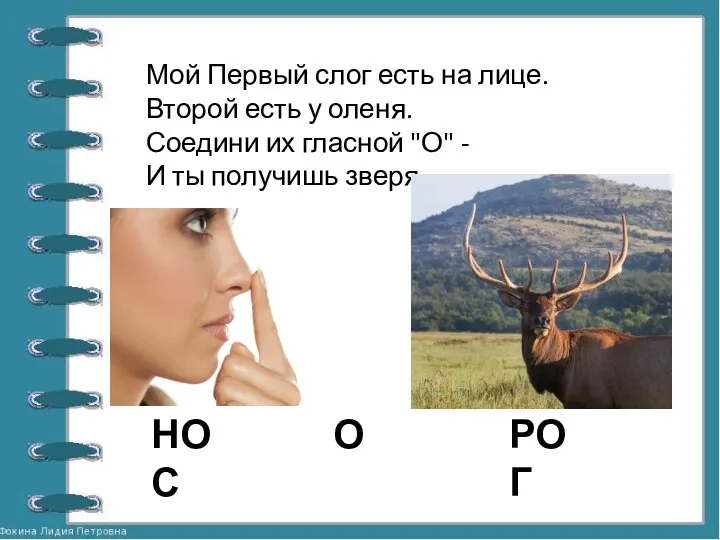 Мой Первый слог есть на лице. Второй есть у оленя. Соедини их