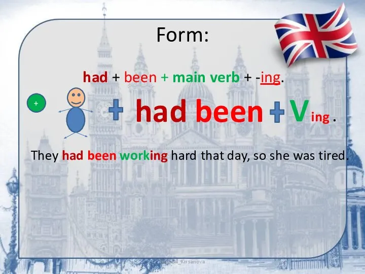 Form: had + been + main verb + -ing. + had been