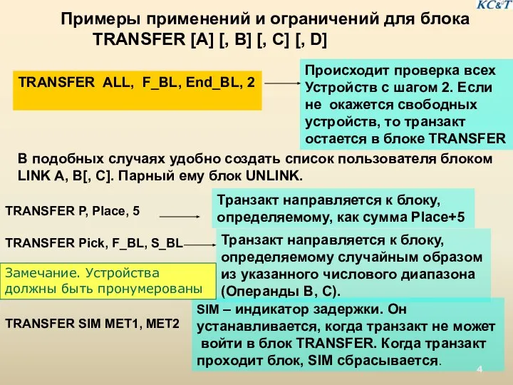 Примеры применений и ограничений для блока TRANSFER [A] [, B] [, C]