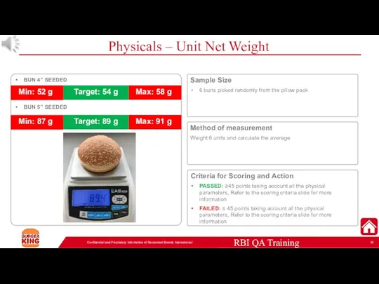 Physicals – Unit Net Weight Confidential and Proprietary Information of Restaurant Brands