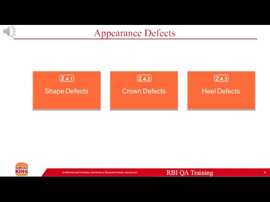 Appearance Defects Confidential and Proprietary Information of Restaurant Brands International