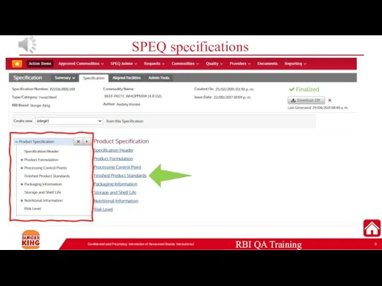 SPEQ specifications Confidential and Proprietary Information of Restaurant Brands International