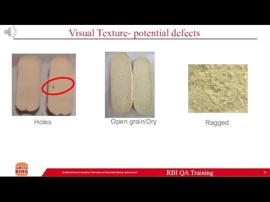 Visual Texture- potential defects Confidential and Proprietary Information of Restaurant Brands International Holes Open grain/Dry Ragged