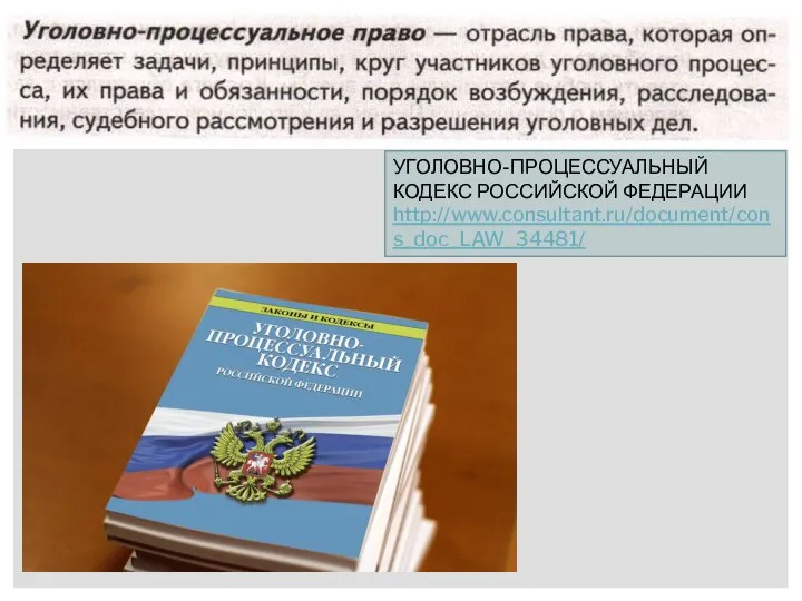 УГОЛОВНО-ПРОЦЕССУАЛЬНЫЙ КОДЕКС РОССИЙСКОЙ ФЕДЕРАЦИИ http://www.consultant.ru/document/cons_doc_LAW_34481/