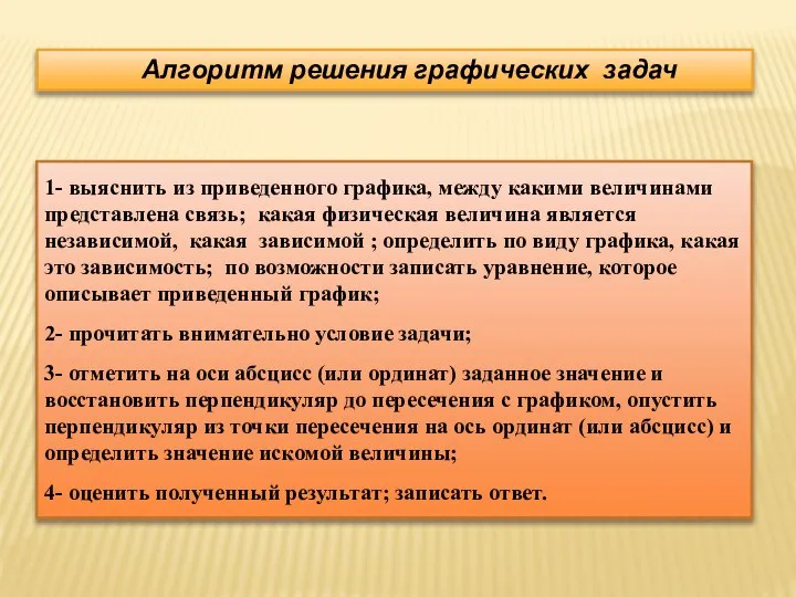 Алгоритм решения графических задач 1- выяснить из приведенного графика, между какими величинами