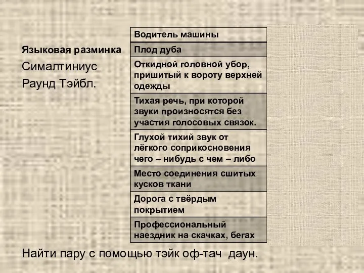 Языковая разминка Сималтиниус Раунд Тэйбл. Найти пару с помощью тэйк оф-тач даун.