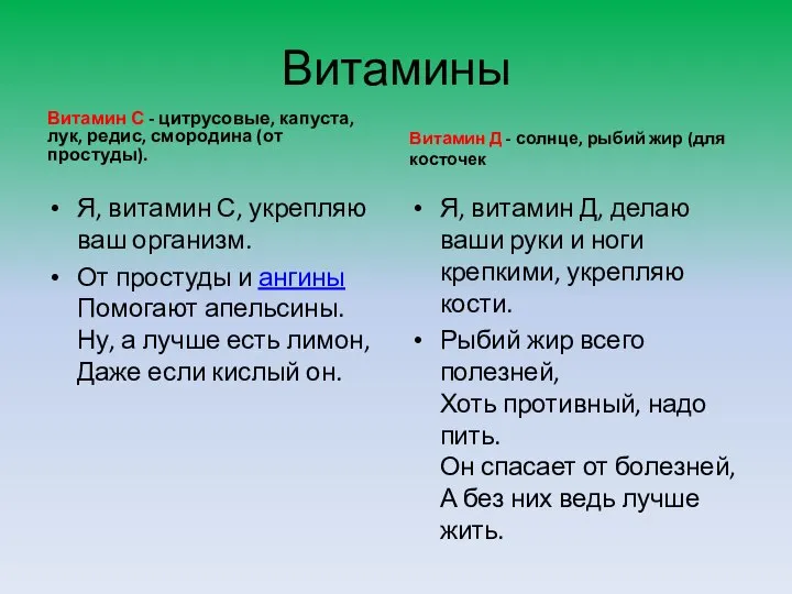 Витамины Витамин С - цитрусовые, капуста, лук, редис, смородина (от простуды). Я,