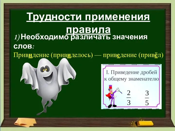 Трудности применения правила 1) Необходимо различать значения слов: Привидение (привиделось) — приведение (привёл)