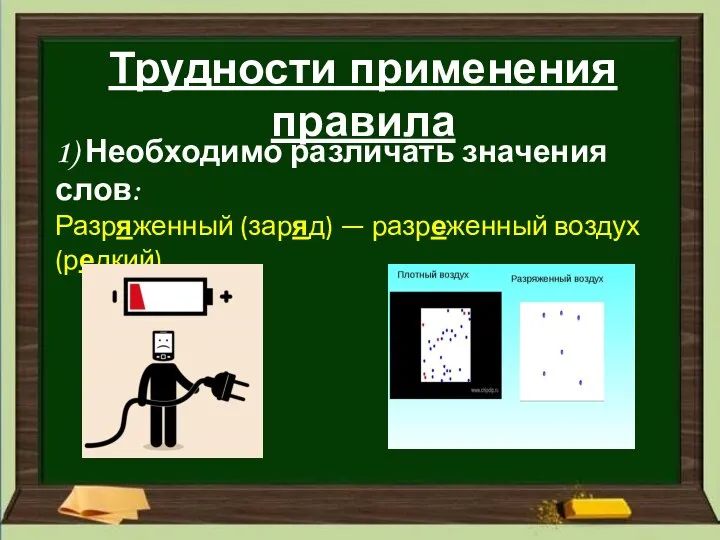 Трудности применения правила 1) Необходимо различать значения слов: Разряженный (заряд) — разреженный воздух (редкий)