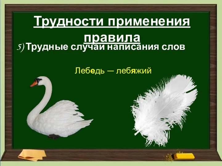 Трудности применения правила 5) Трудные случаи написания слов Лебедь — лебяжий