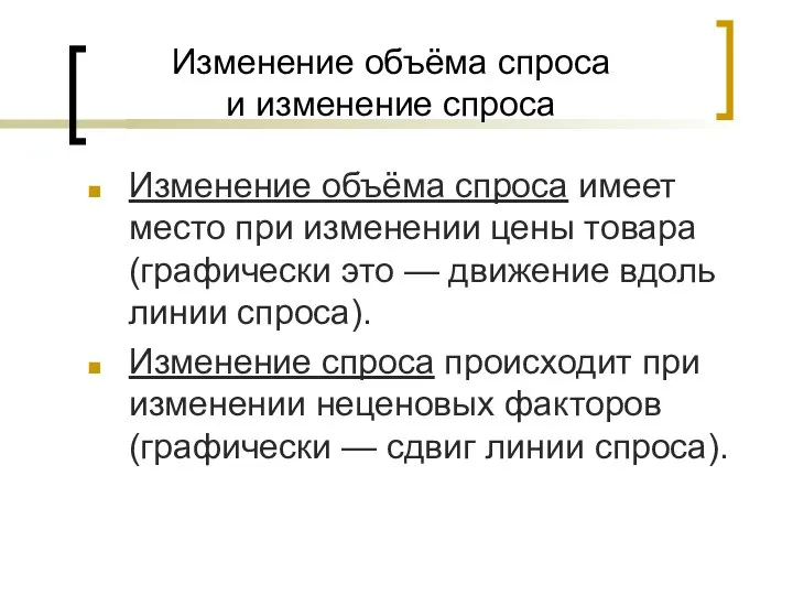 Изменение объёма спроса и изменение спроса Изменение объёма спроса имеет место при