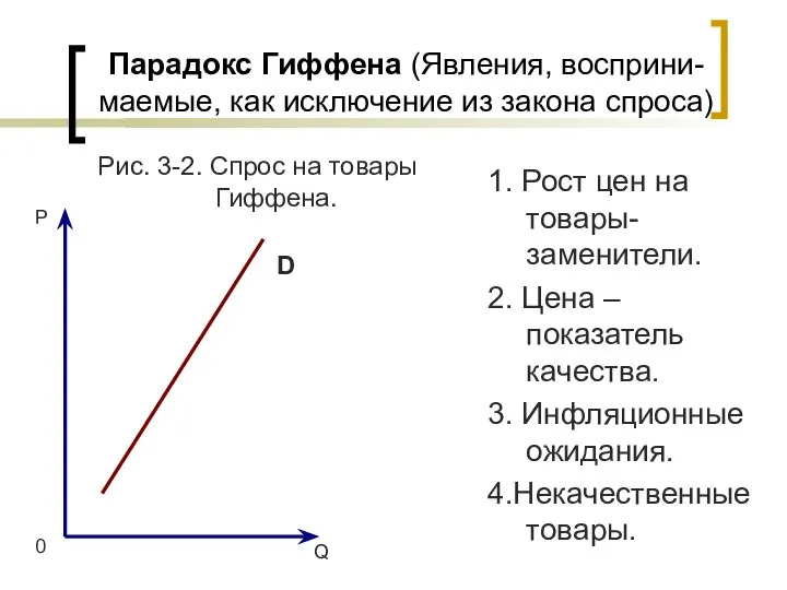 Парадокс Гиффена (Явления, восприни-маемые, как исключение из закона спроса) 1. Рост цен