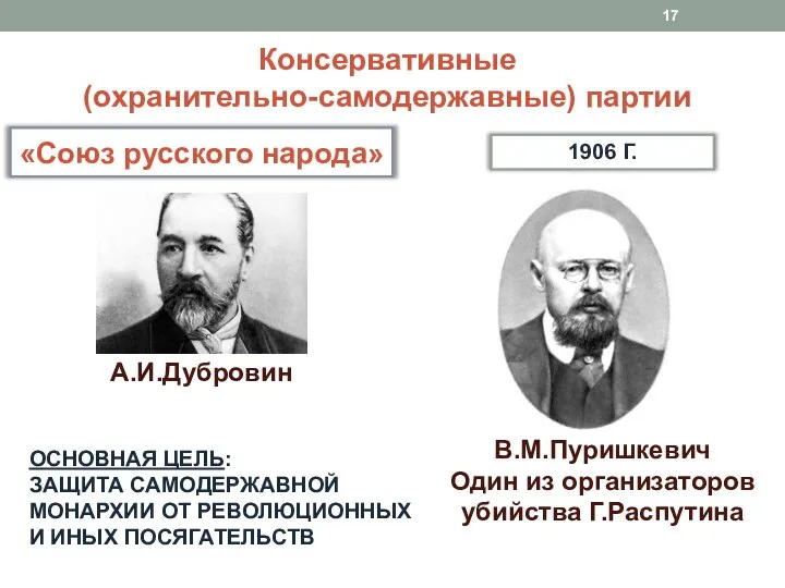 Консервативные (охранительно-самодержавные) партии «Союз русского народа» 1906 Г. А.И.Дубровин В.М.Пуришкевич Один из