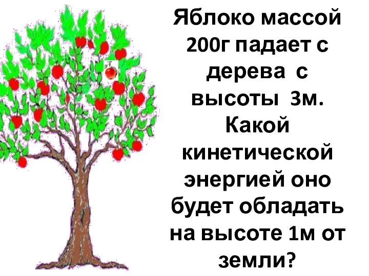 Яблоко массой 200г падает с дерева с высоты 3м. Какой кинетической энергией