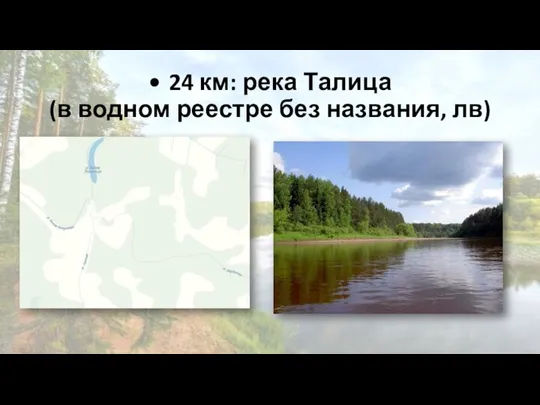 • 24 км: река Талица (в водном реестре без названия, лв)